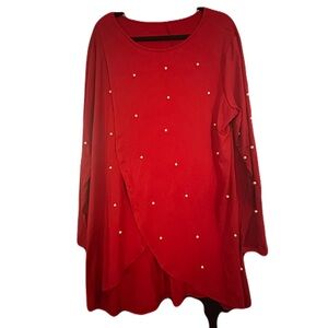 Red Long Sleeve Top with Pearl Accents